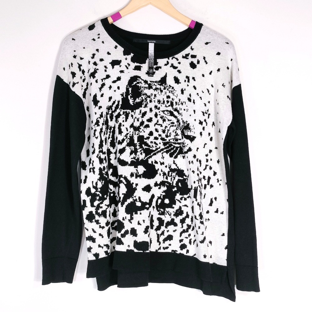 Kensie Black White Leopard Sweater; Animal Print Crewneck Cotton Blend Pullover